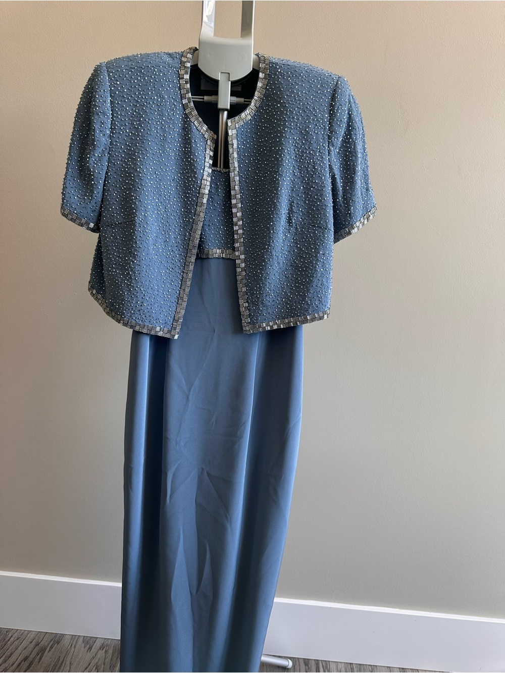 Montage by Mon Cheri Blue Beaded Spaghetti-Strap Maxi Dress